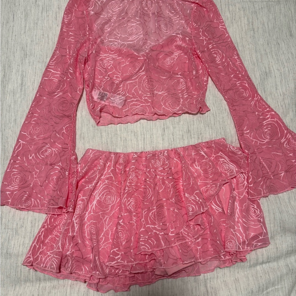 Shein Pink Floral Lace Top and Skirt Set - Medium - Picture 2 of 5